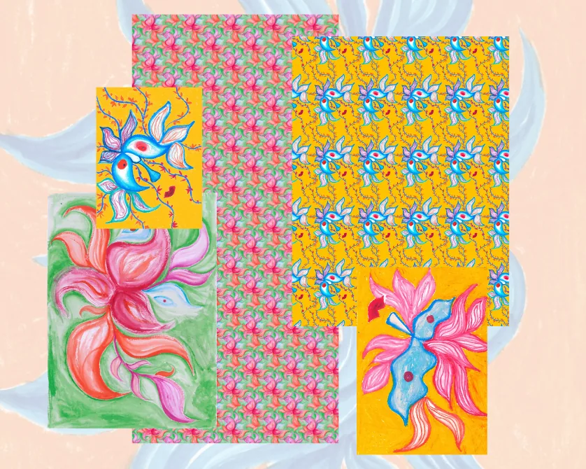 Floral motif collage — hand-drawn paintings tiled into repeat prints