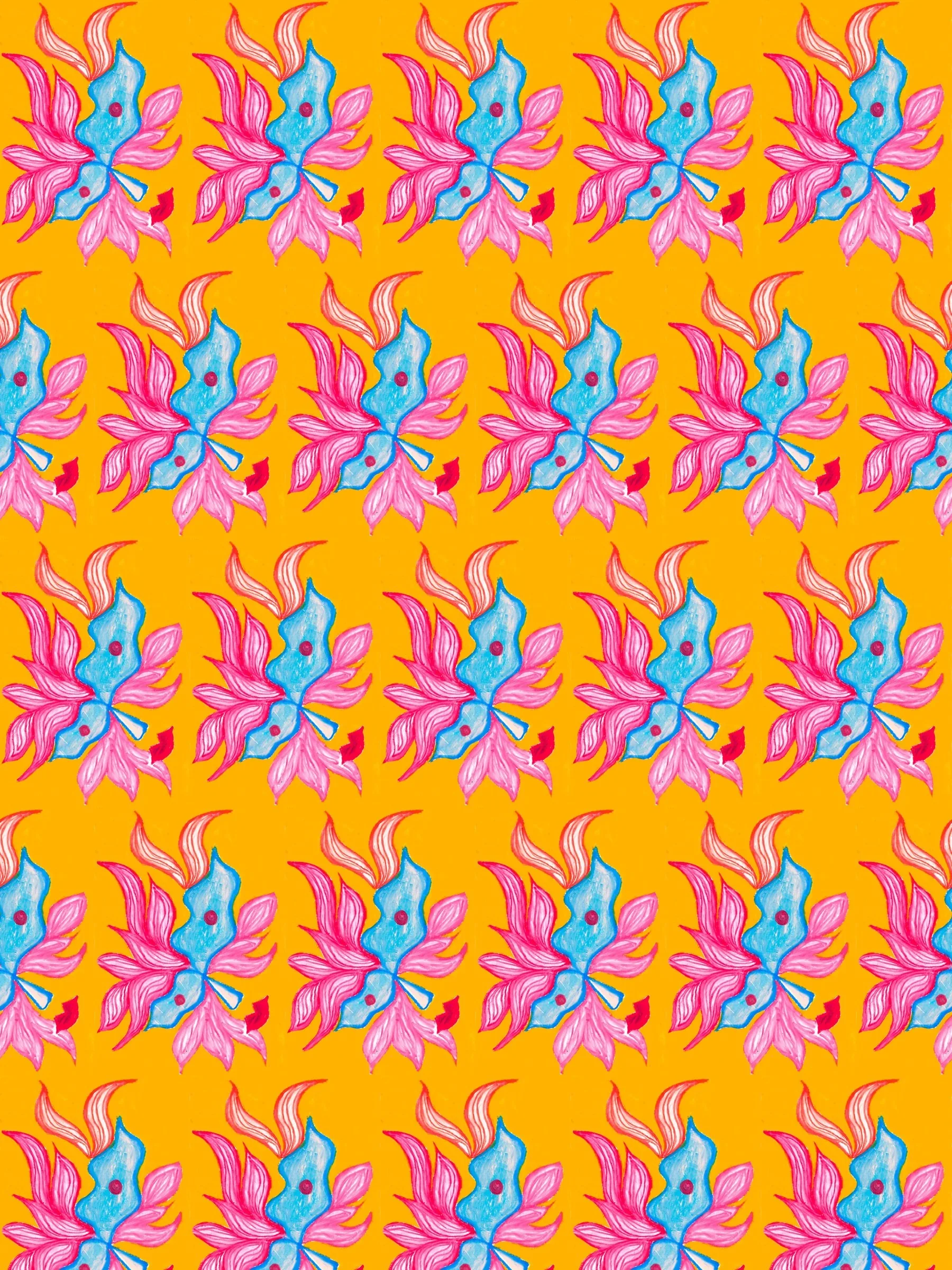 Half-brick repeat — orange and blue motif on lime