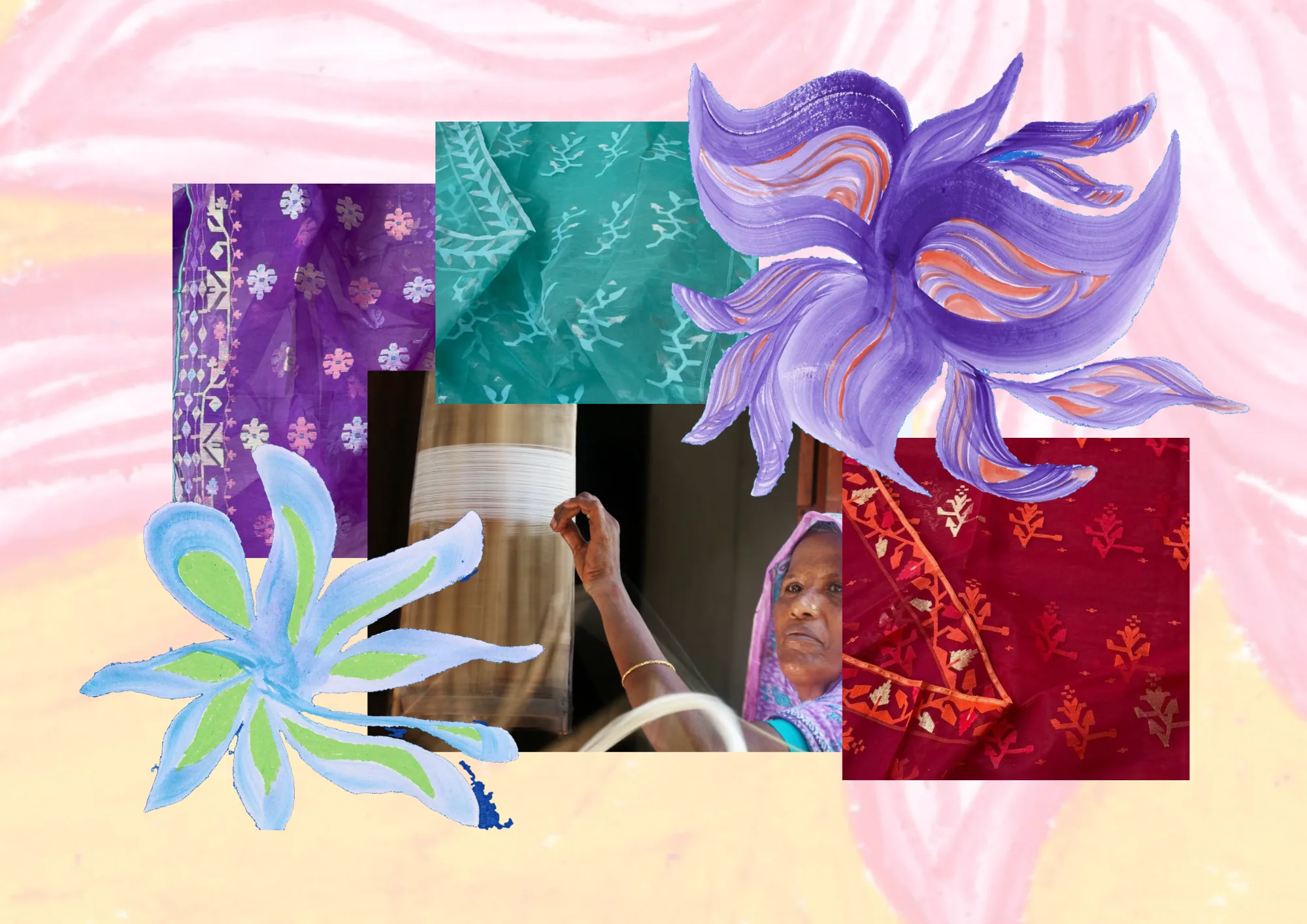 Research collage — jamdani swatches, hand-painted florals, weaver at frame