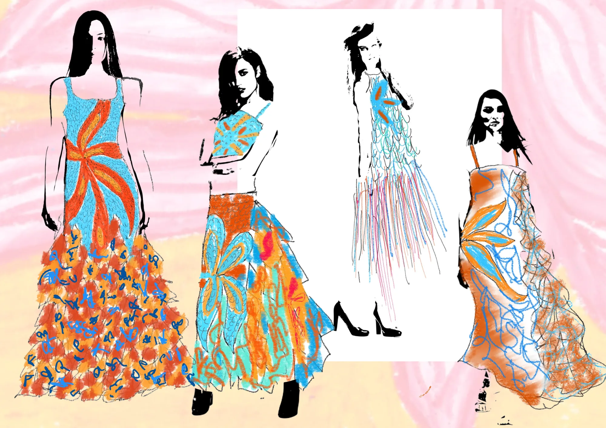 Four illustrated looks — gown, dress, sheath, dress in motion