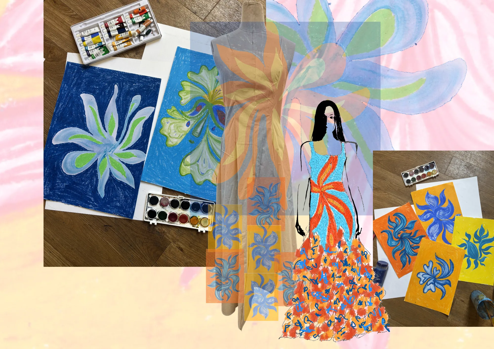 Oil-pastel flower studies surrounding a draped toile