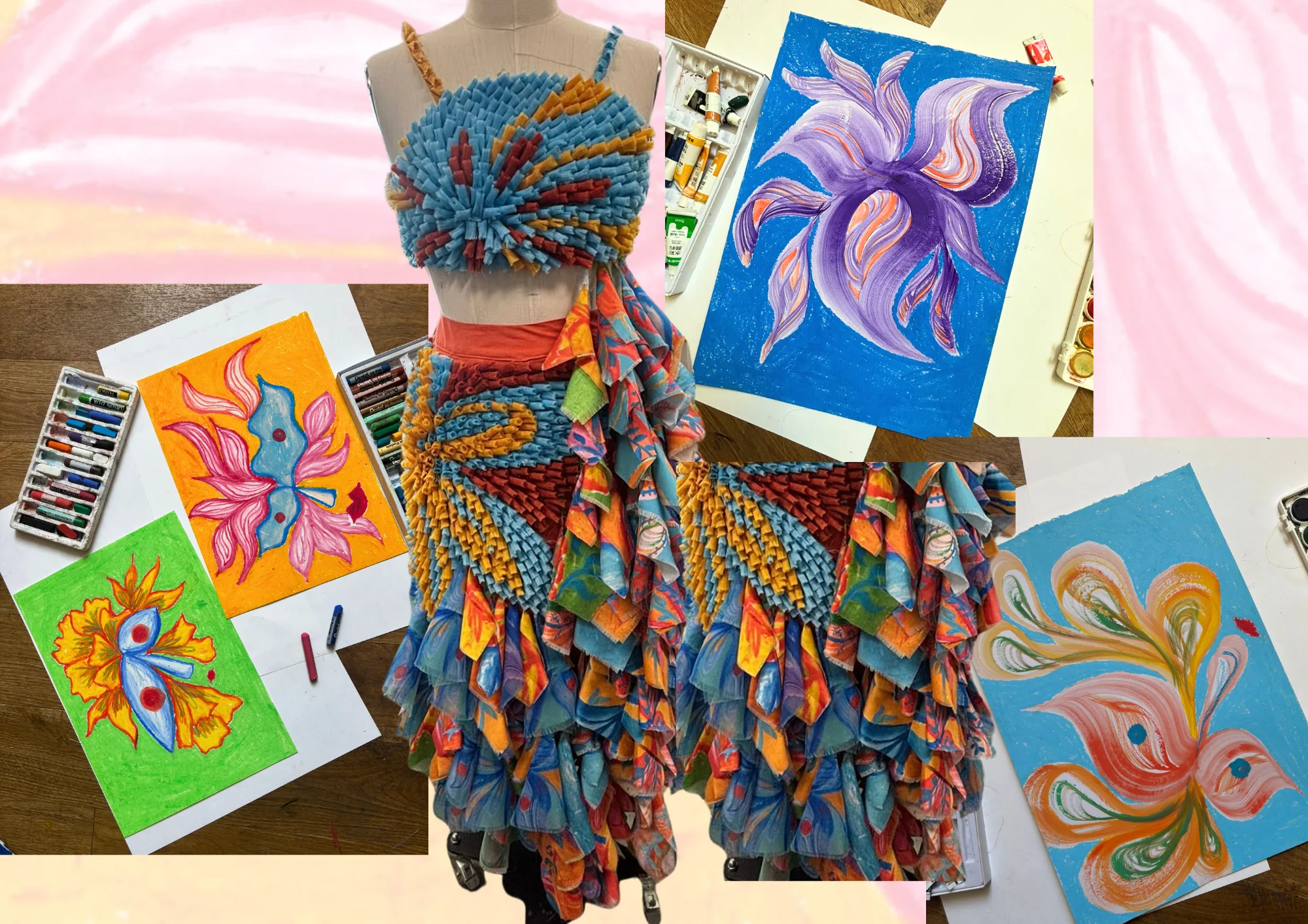 Full development page — bodice, full skirt with ruffle hem, pastel studies
