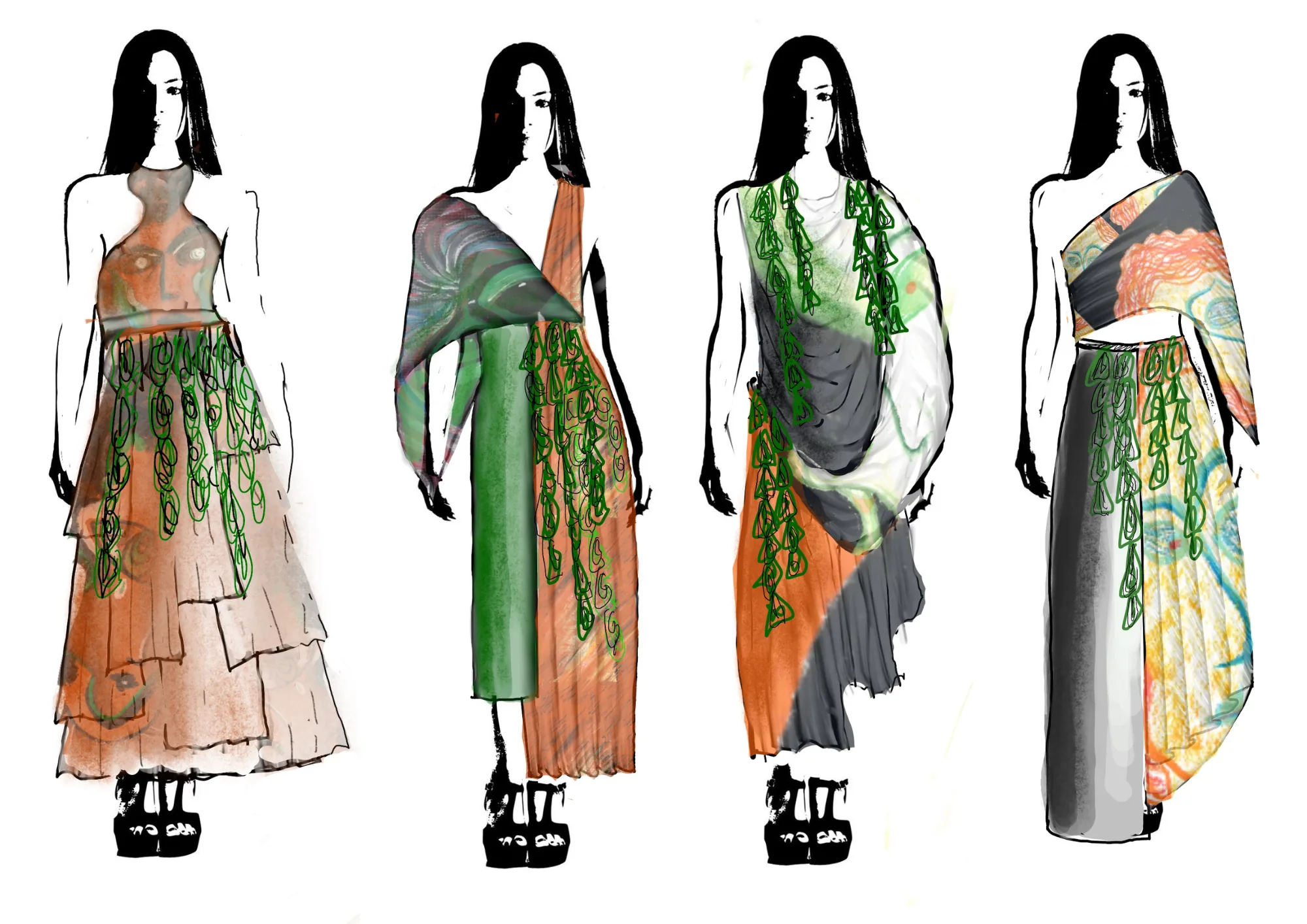 Illustrated line-up — four looks with tassel detailing