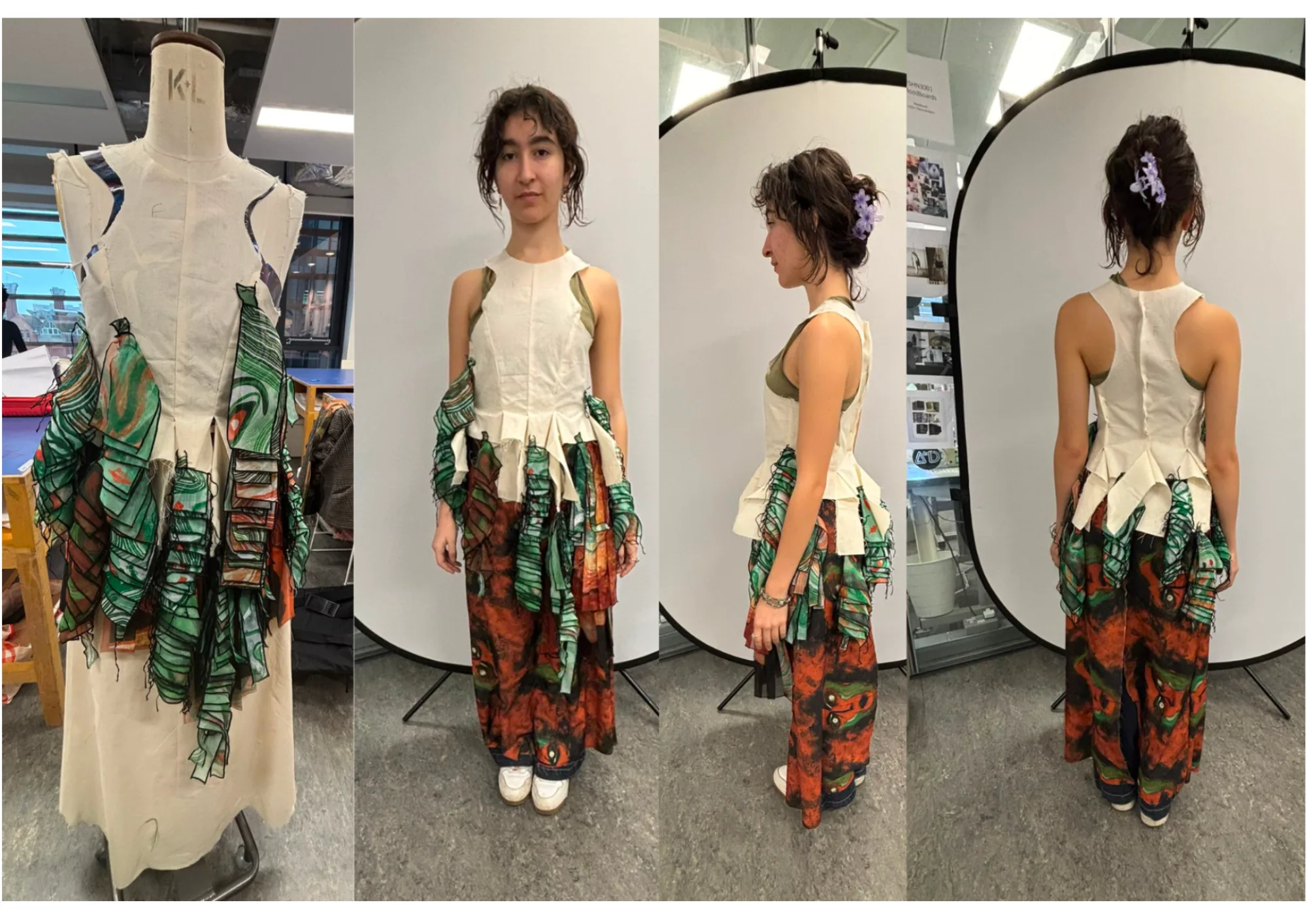 Model wearing green-printed skirt and calico peplum — front, side, back