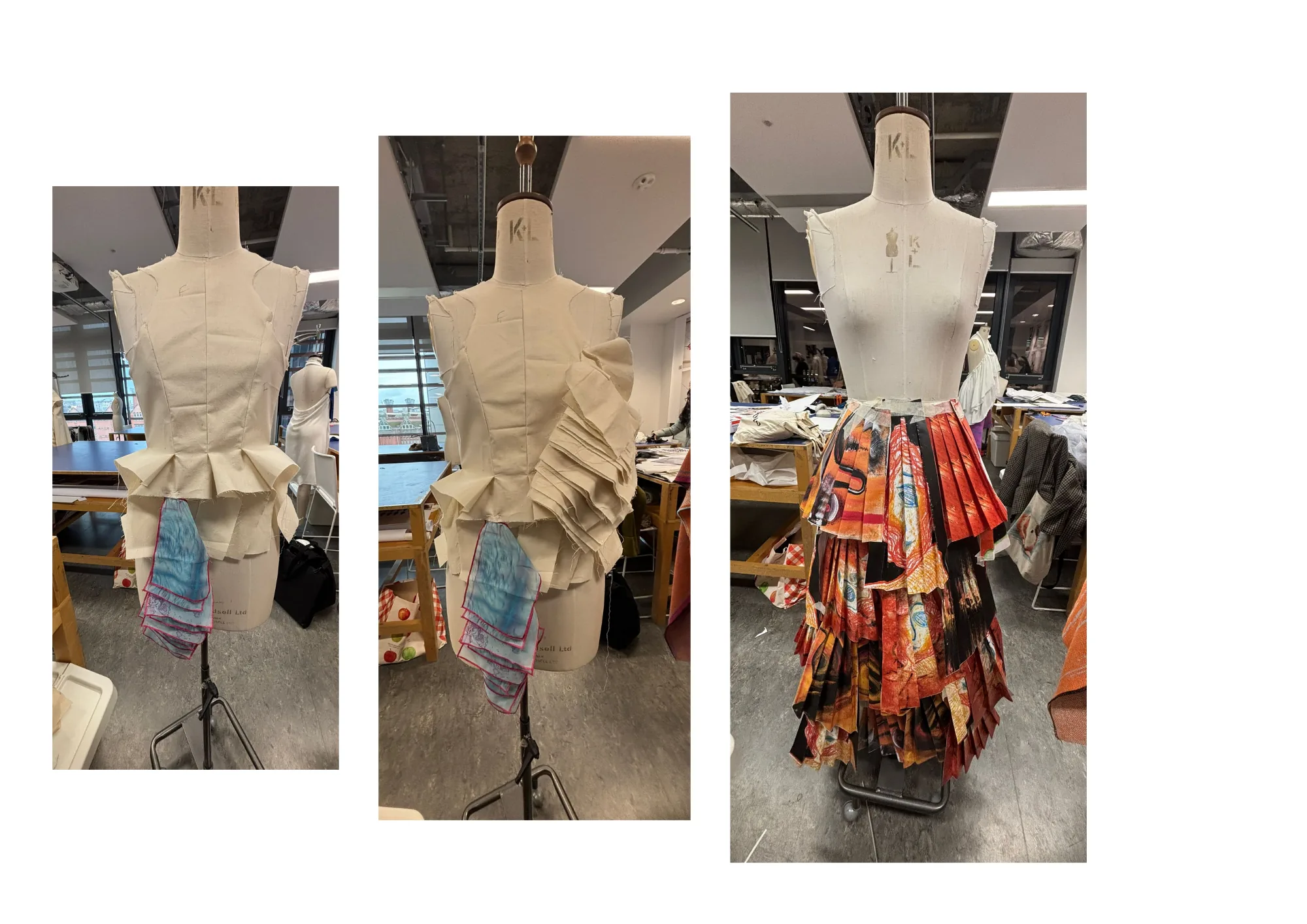 Three calico toiles on mannequin — peplum, ruffled bodice, printed pleated skirt