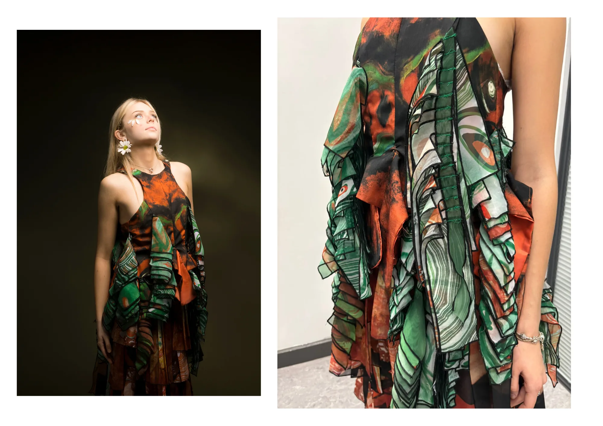 Green ruffled halter top — full portrait and close-up